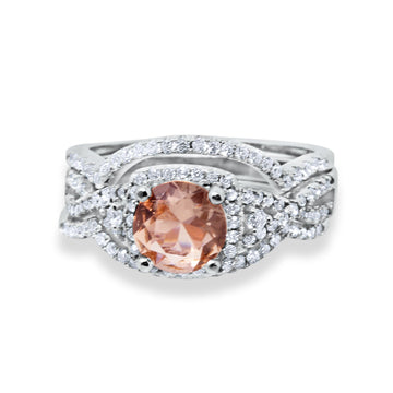 Halo Engagement Ring Three Piece Morganite CZ 925 Sterling Silver Wholesale